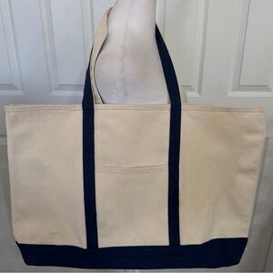 Extra Large 1980s Cream/Navy Blue Boat & Tote Bag 22x14” Front Pocket
